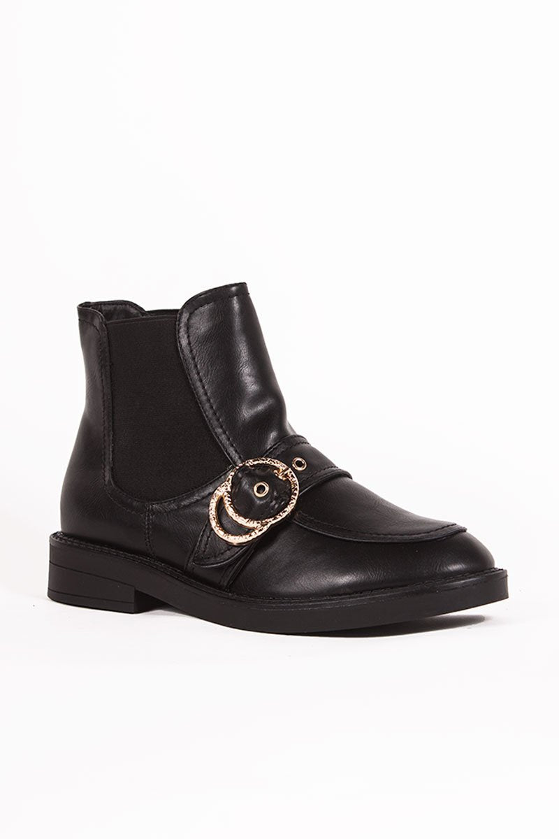 Ally Black Buckle Strap Ankle Boots With Gold Ring