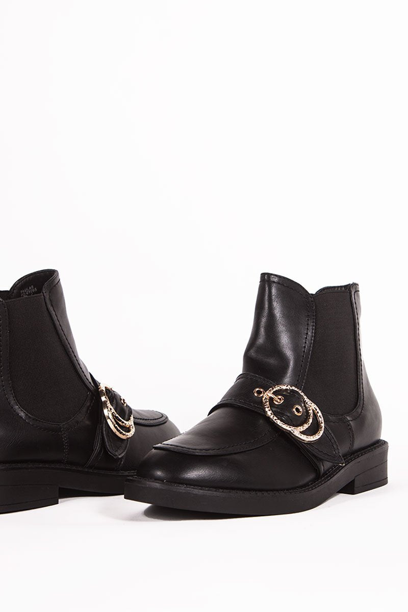 Ally Black Buckle Strap Ankle Boots With Gold Ring