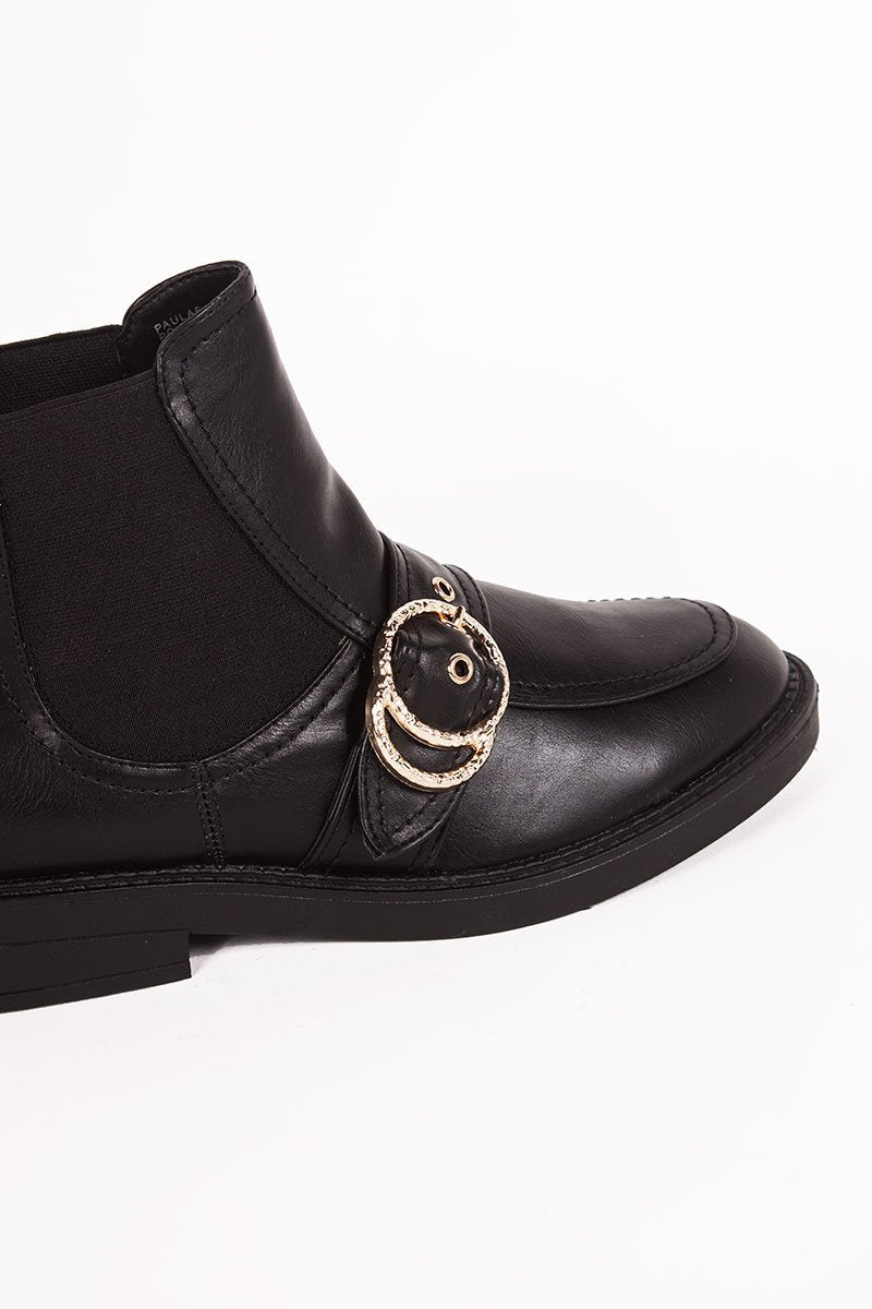 Ally Black Buckle Strap Ankle Boots With Gold Ring