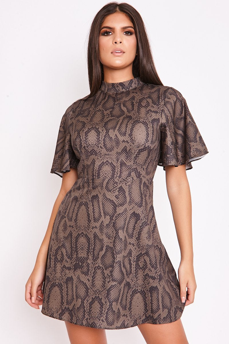 Alma Khaki Snake Print High Neck Skater Dress