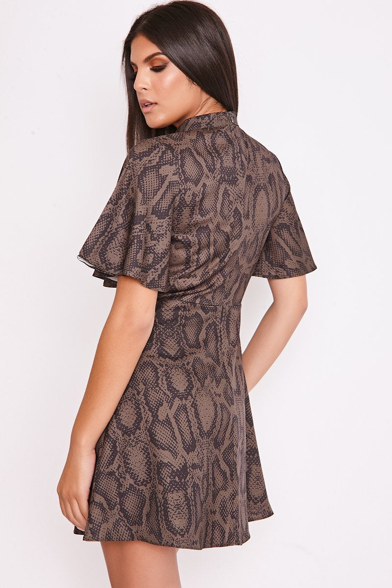 Alma Khaki Snake Print High Neck Skater Dress