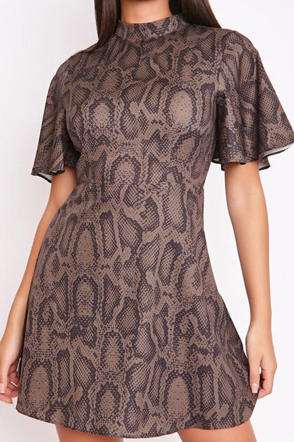 Alma Khaki Snake Print High Neck Skater Dress