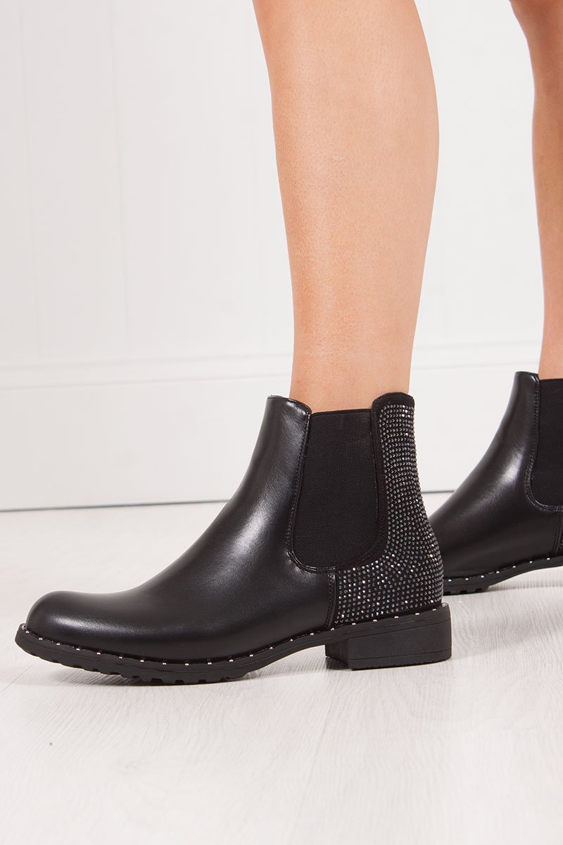 Alyssa Black Diamante Stud Chelsea Boots