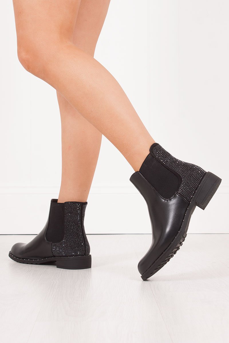 Alyssa Black Diamante Stud Chelsea Boots