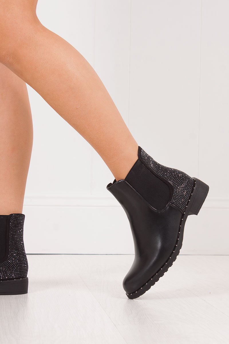 Alyssa Black Diamante Stud Chelsea Boots