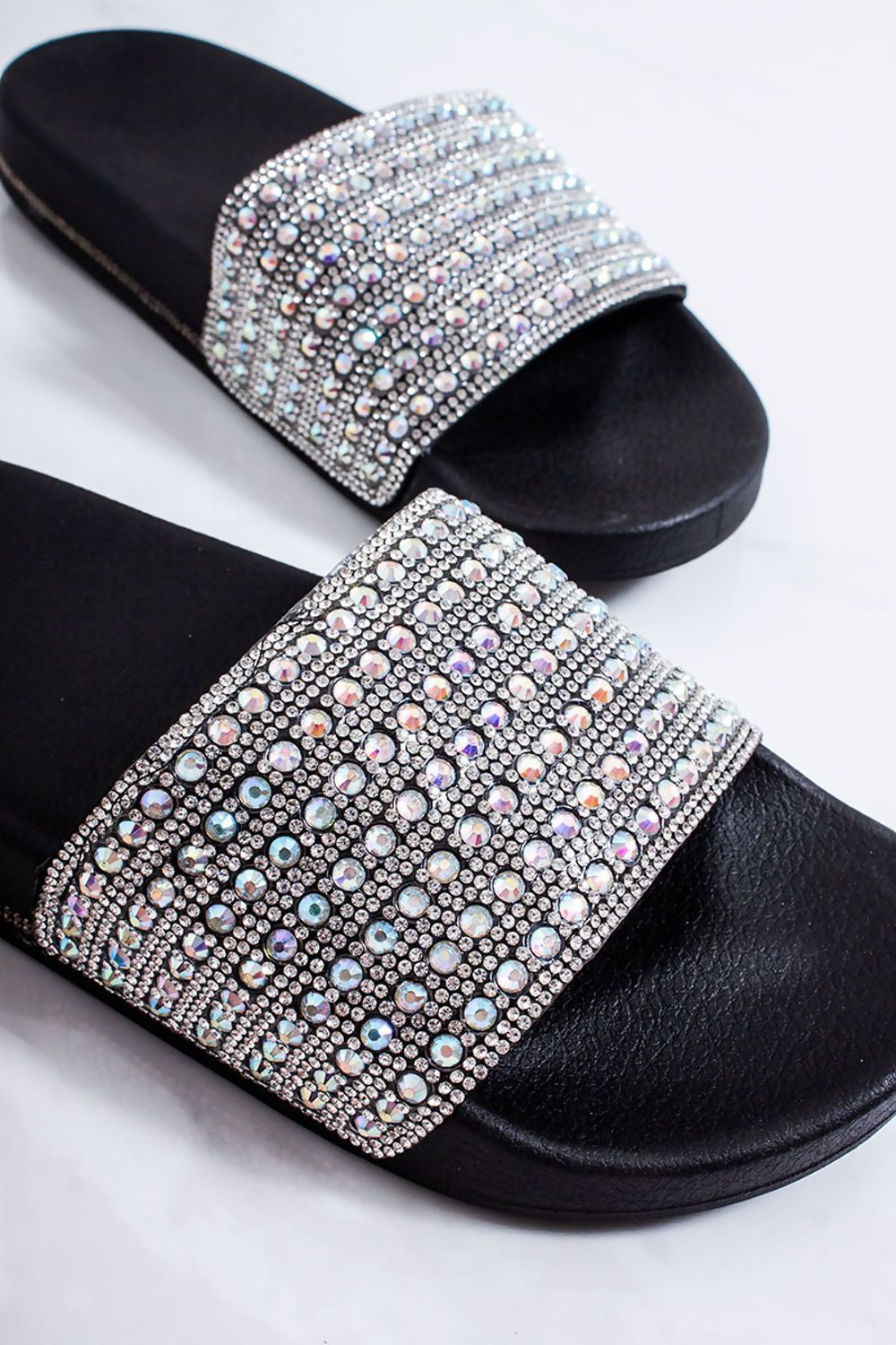 Amaya Black Crystal Embellished Strap Sliders