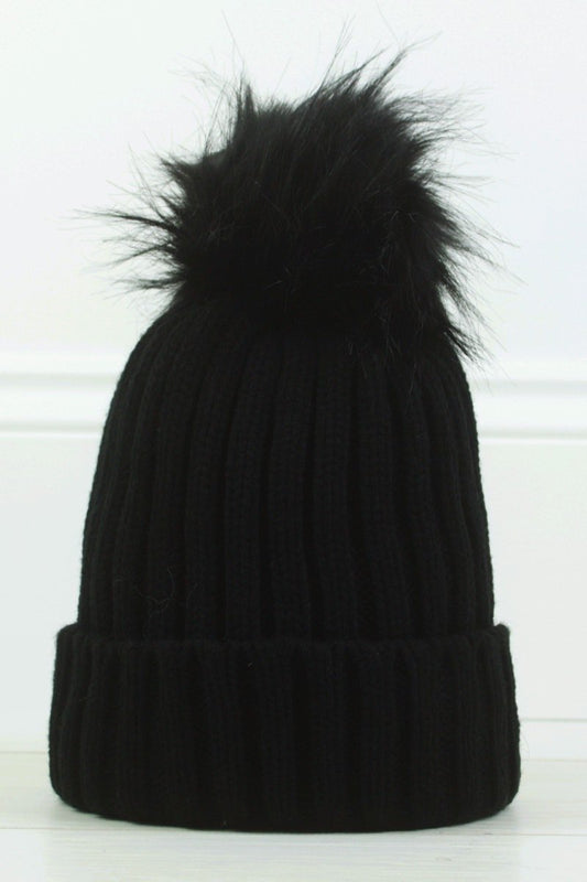 Amber Black Faux Fur Bobble Hat