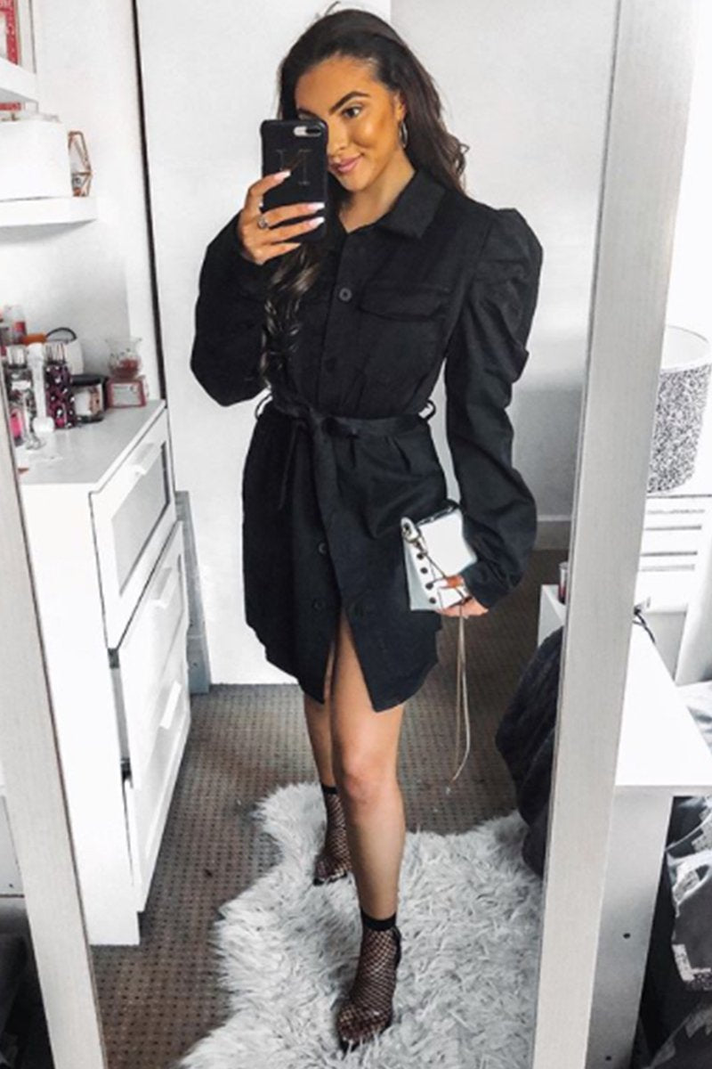 Amelia Black Puff Sleeve Belted Shacket Dress