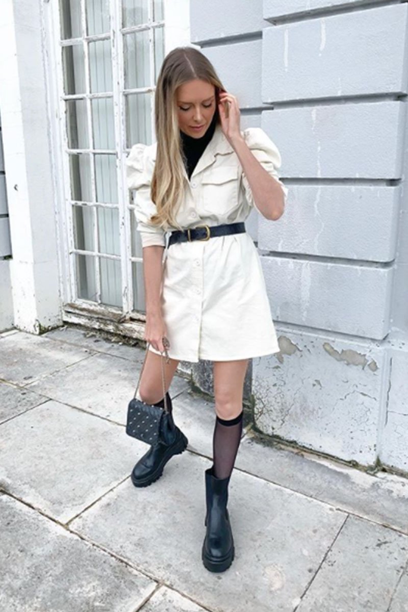 Amelia Cream Puff Sleeve Belted Shacket Dress