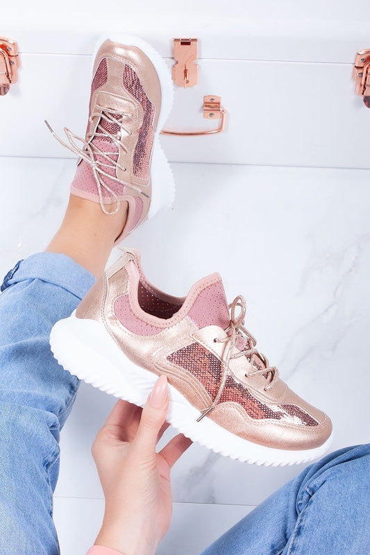 Amira Rose Gold Metallic Lace Up Chunky Sole Trainers