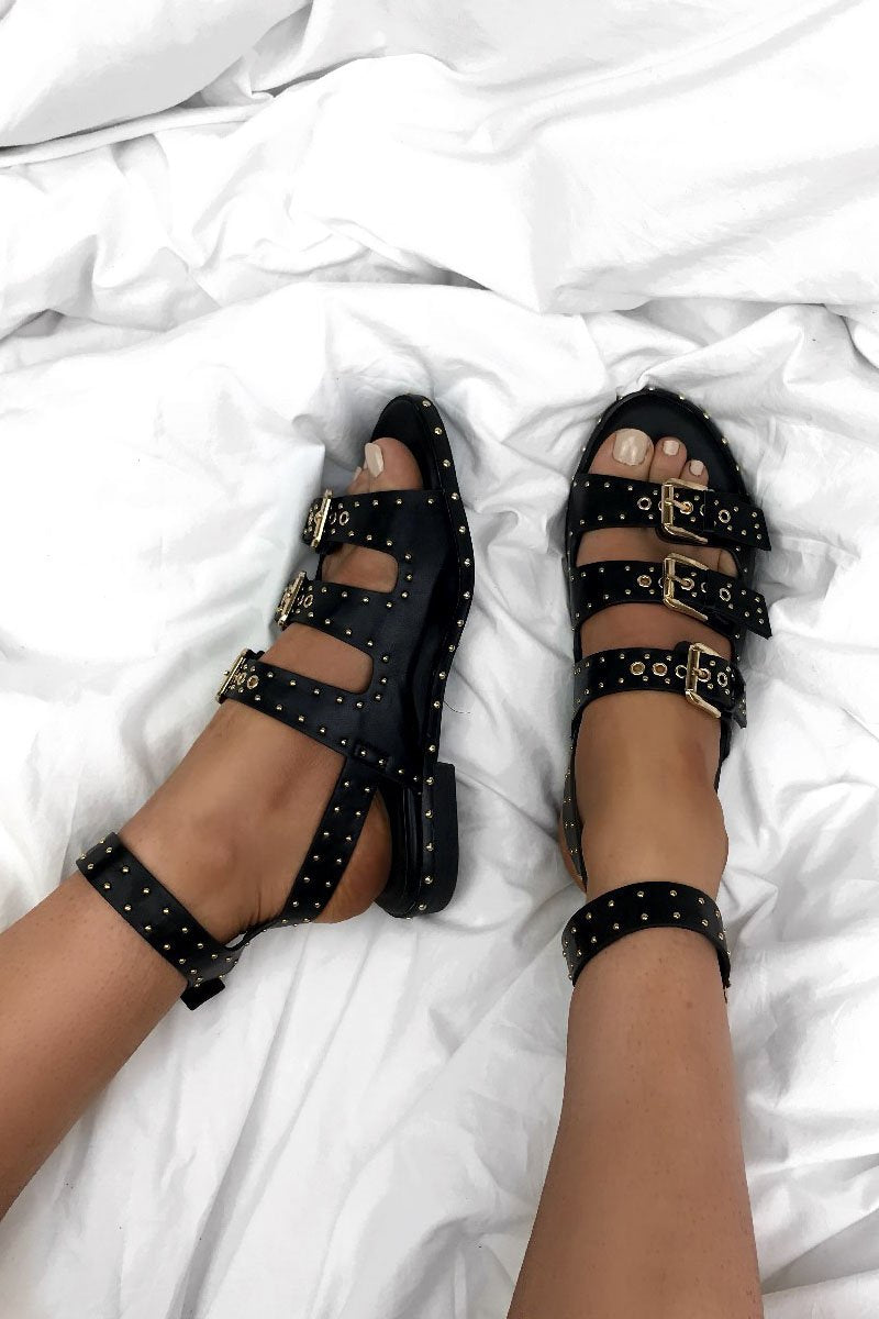 Angel Black Buckle Sandals With Gold Detail