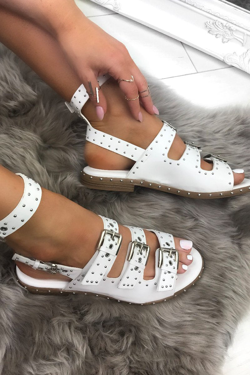 Angel White Buckle Sandals With Gold Detail