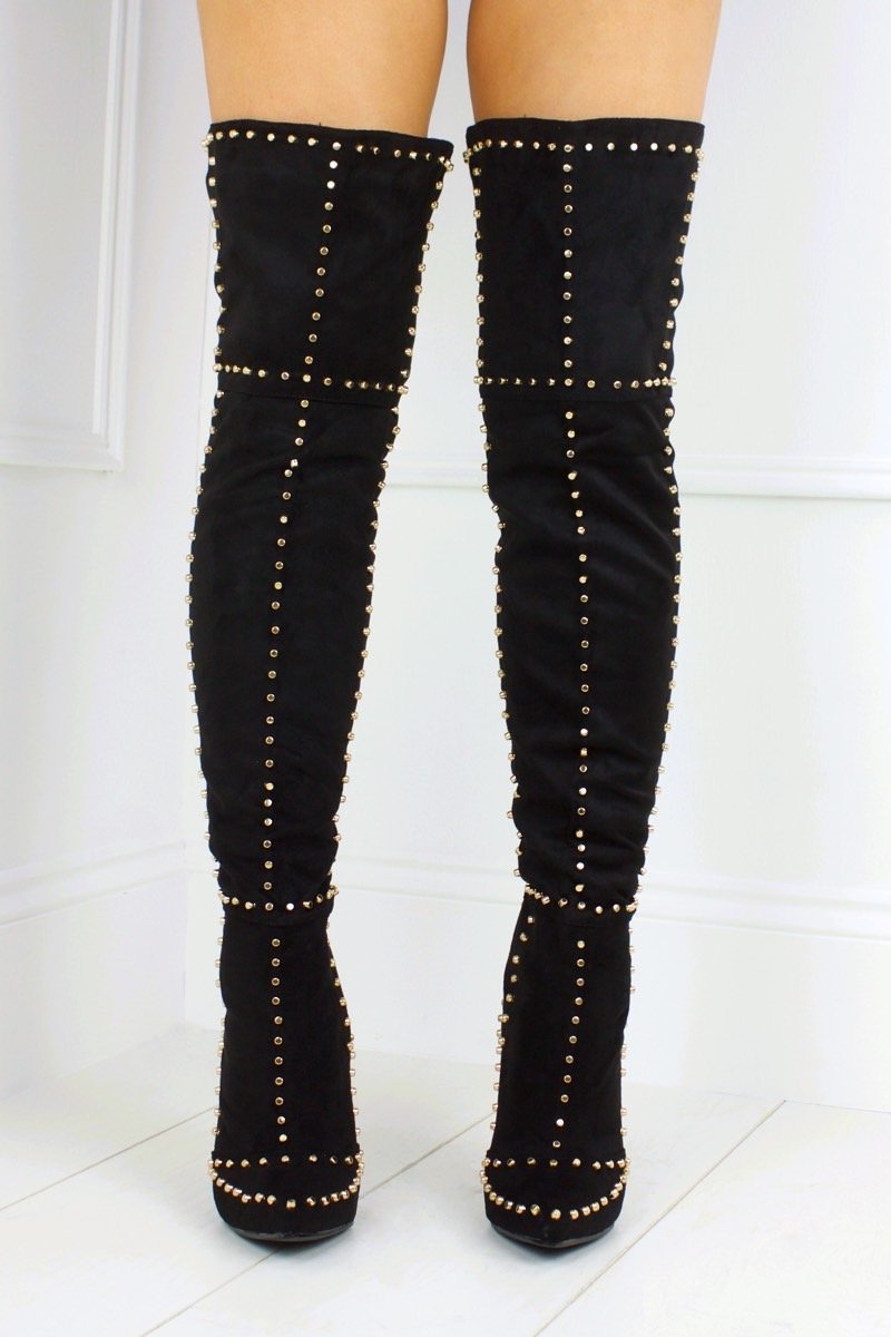 Antonia Black Stud Thigh Boots