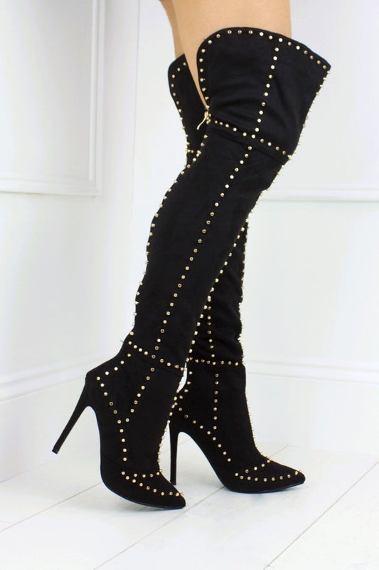 Antonia Black Stud Thigh Boots