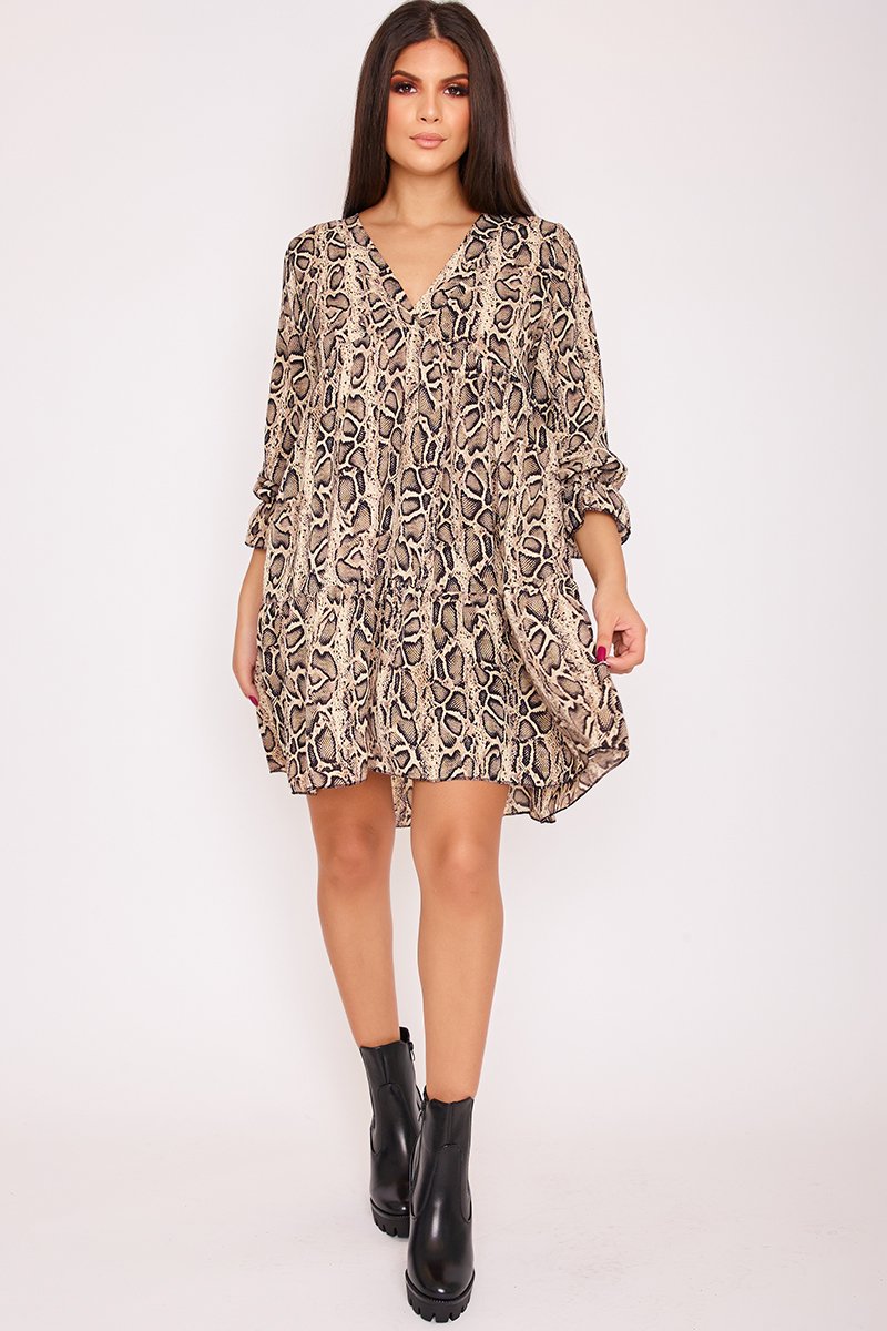 April Beige Snake Print V Neck Smock Dress