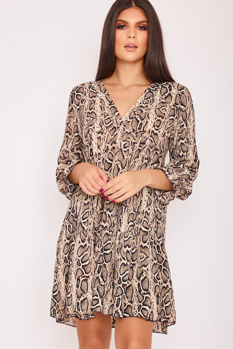 April Beige Snake Print V Neck Smock Dress