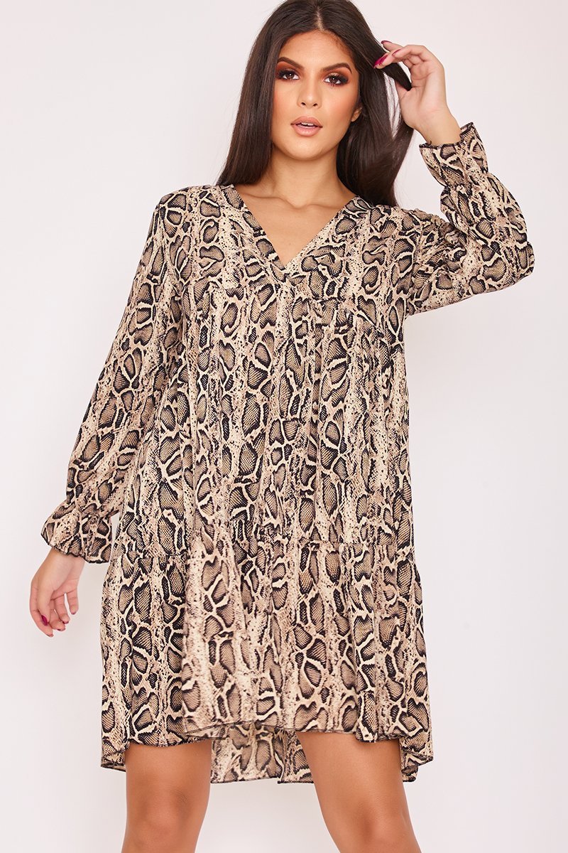 April Beige Snake Print V Neck Smock Dress