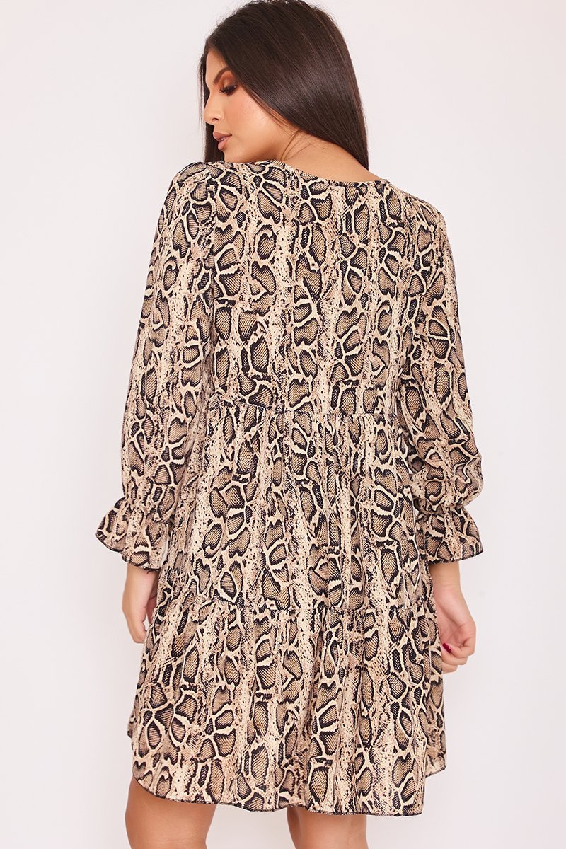 April Beige Snake Print V Neck Smock Dress