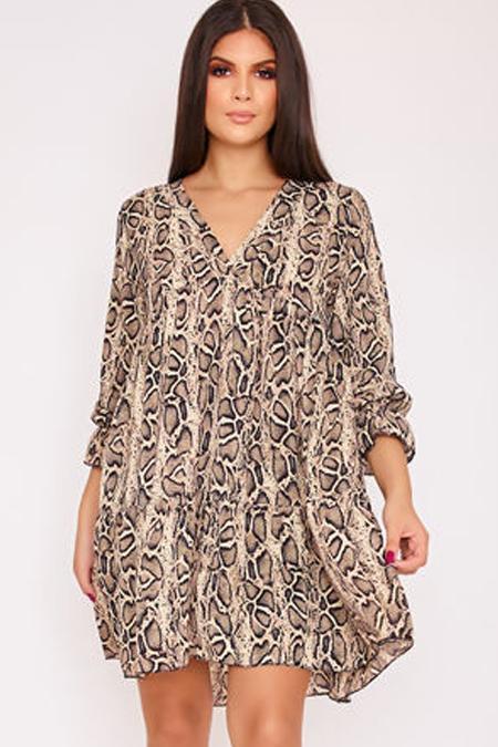 April Beige Snake Print V Neck Smock Dress