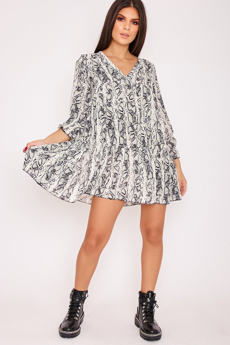 April White Snake Print V Neck Smock Dress