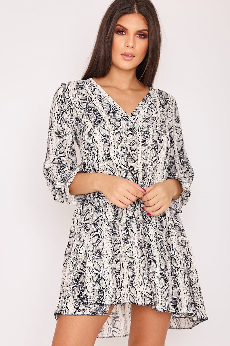 April White Snake Print V Neck Smock Dress