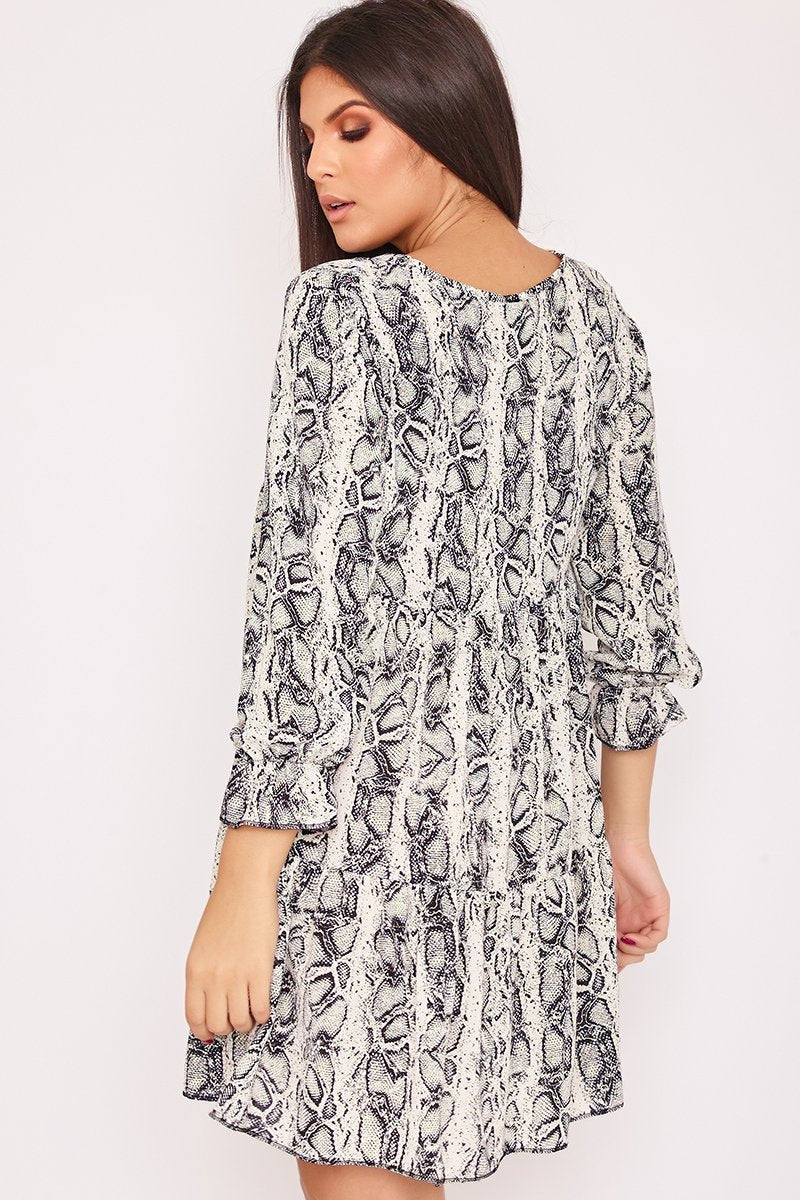 April White Snake Print V Neck Smock Dress