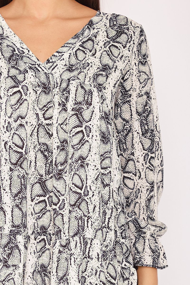 April White Snake Print V Neck Smock Dress