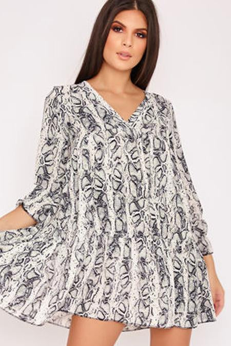 April White Snake Print V Neck Smock Dress