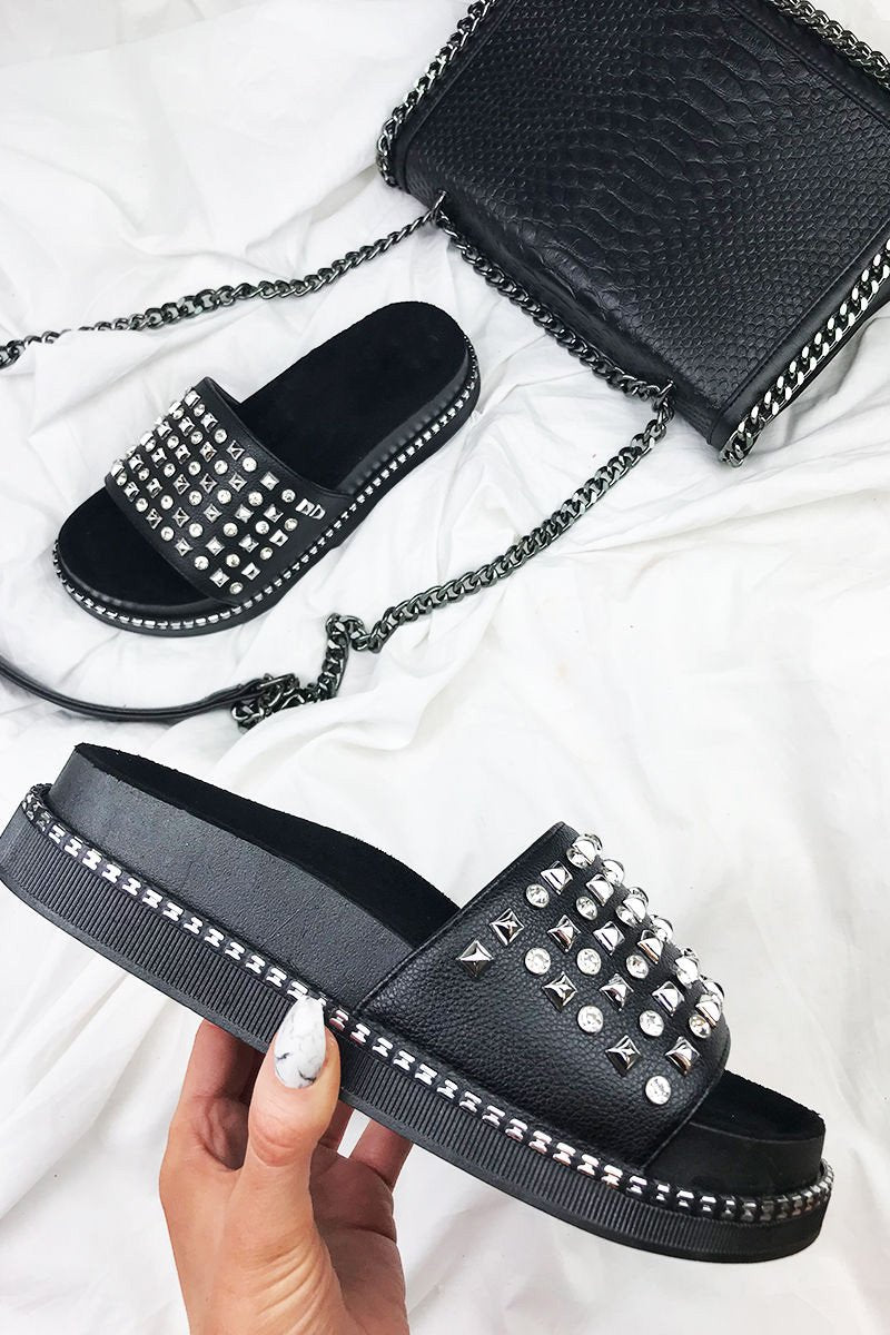 Arabella Black Stud Diamante Sliders