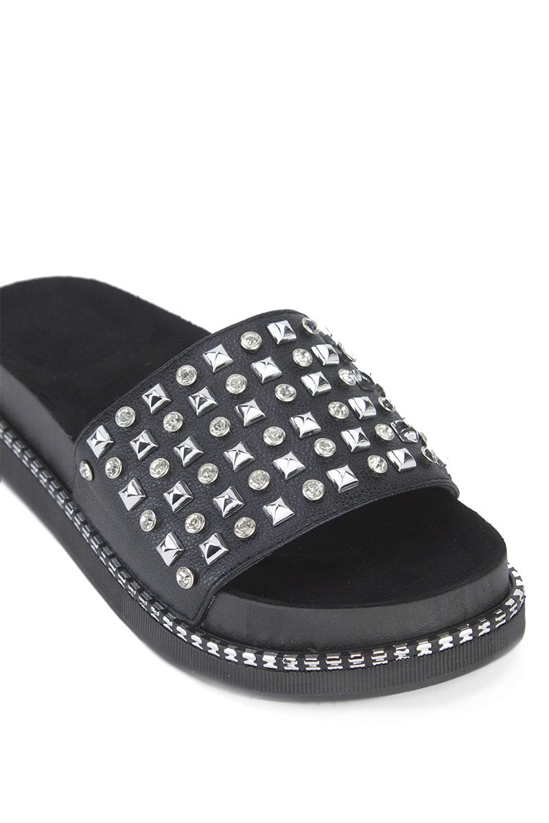 Arabella Black Stud Diamante Sliders