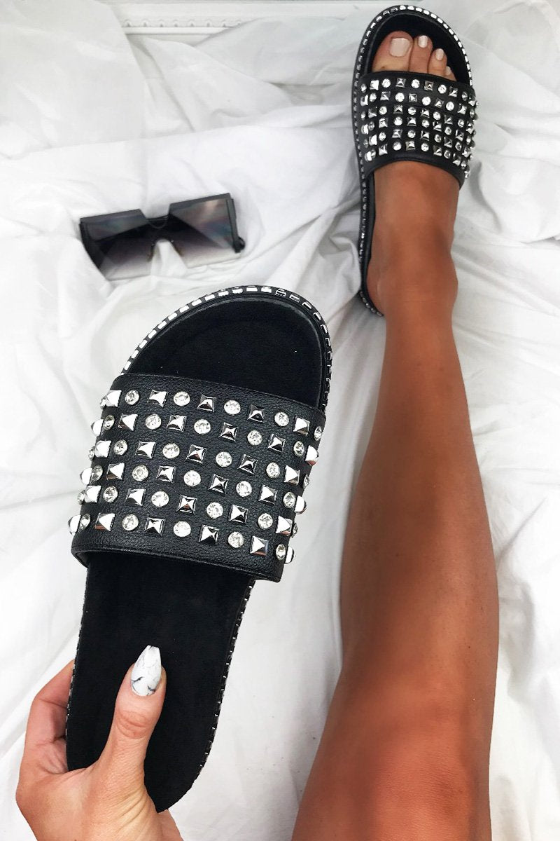 Arabella Black Stud Diamante Sliders