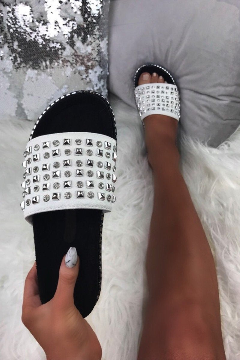 Arabella White Stud Diamante Sliders