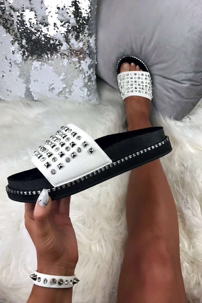 Arabella White Stud Diamante Sliders