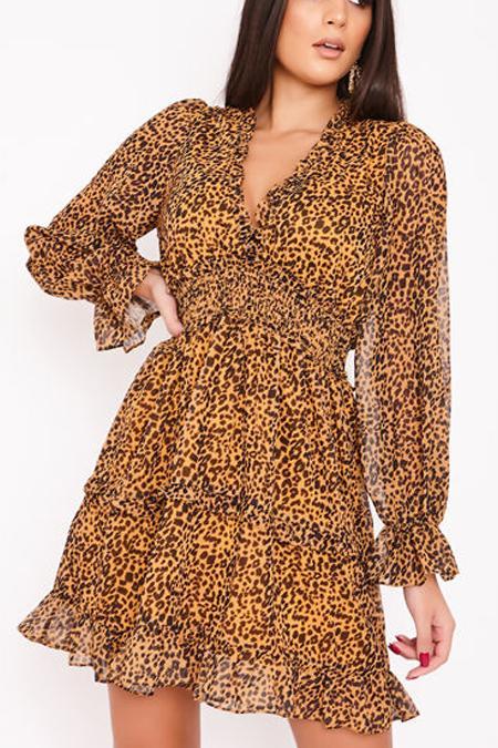 Ariel Leopard Print V Neck Frill Smock Dress