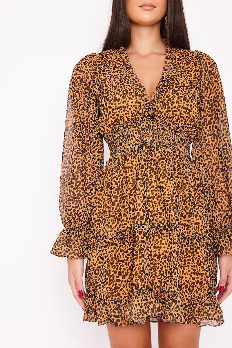 Ariel Leopard Print V Neck Frill Smock Dress