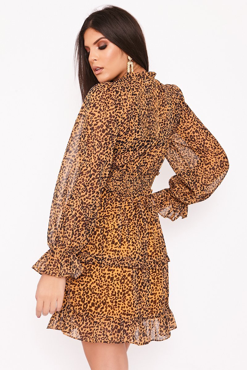 Ariel Leopard Print V Neck Frill Smock Dress