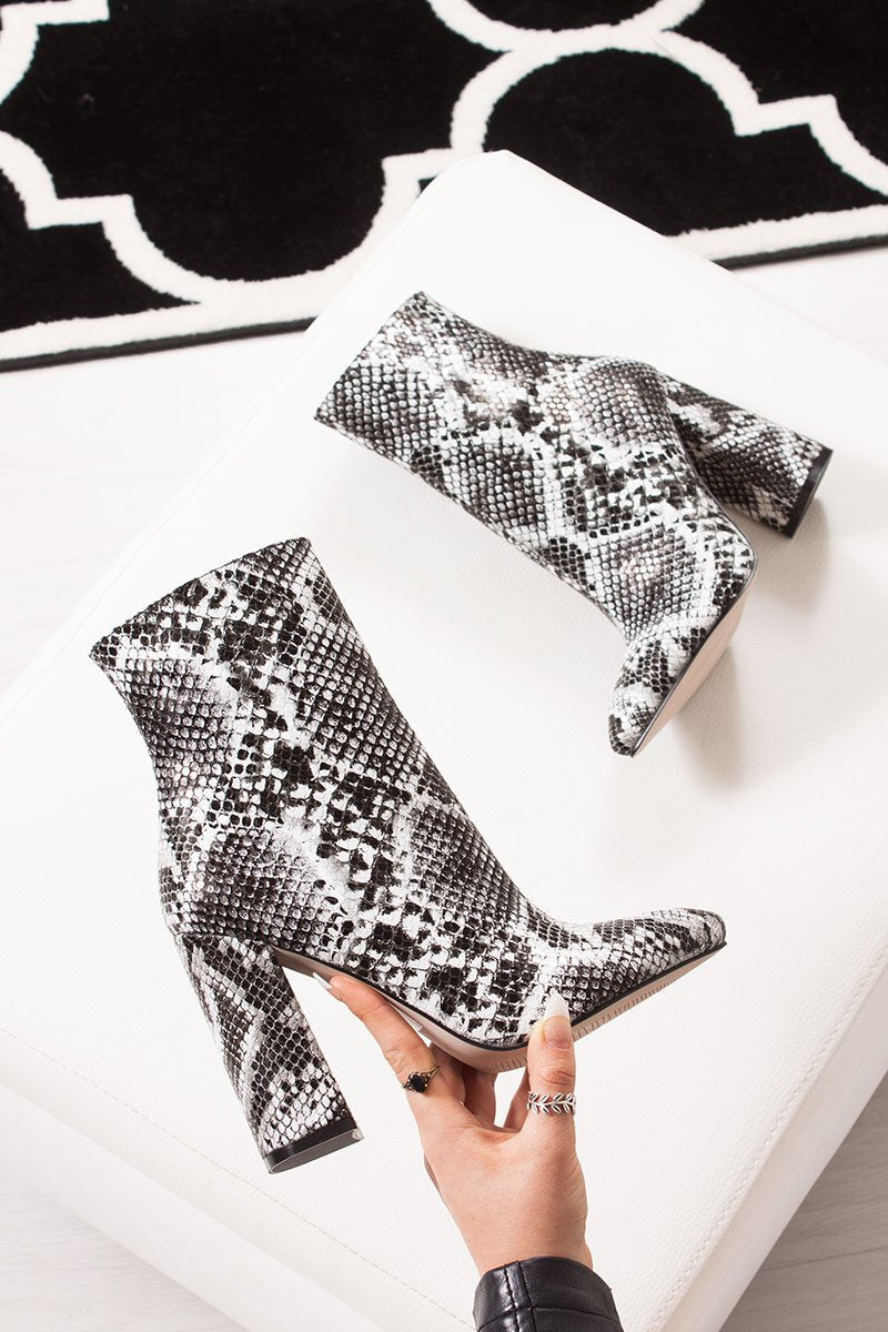 Ariel Snake Print Block Heel Boots