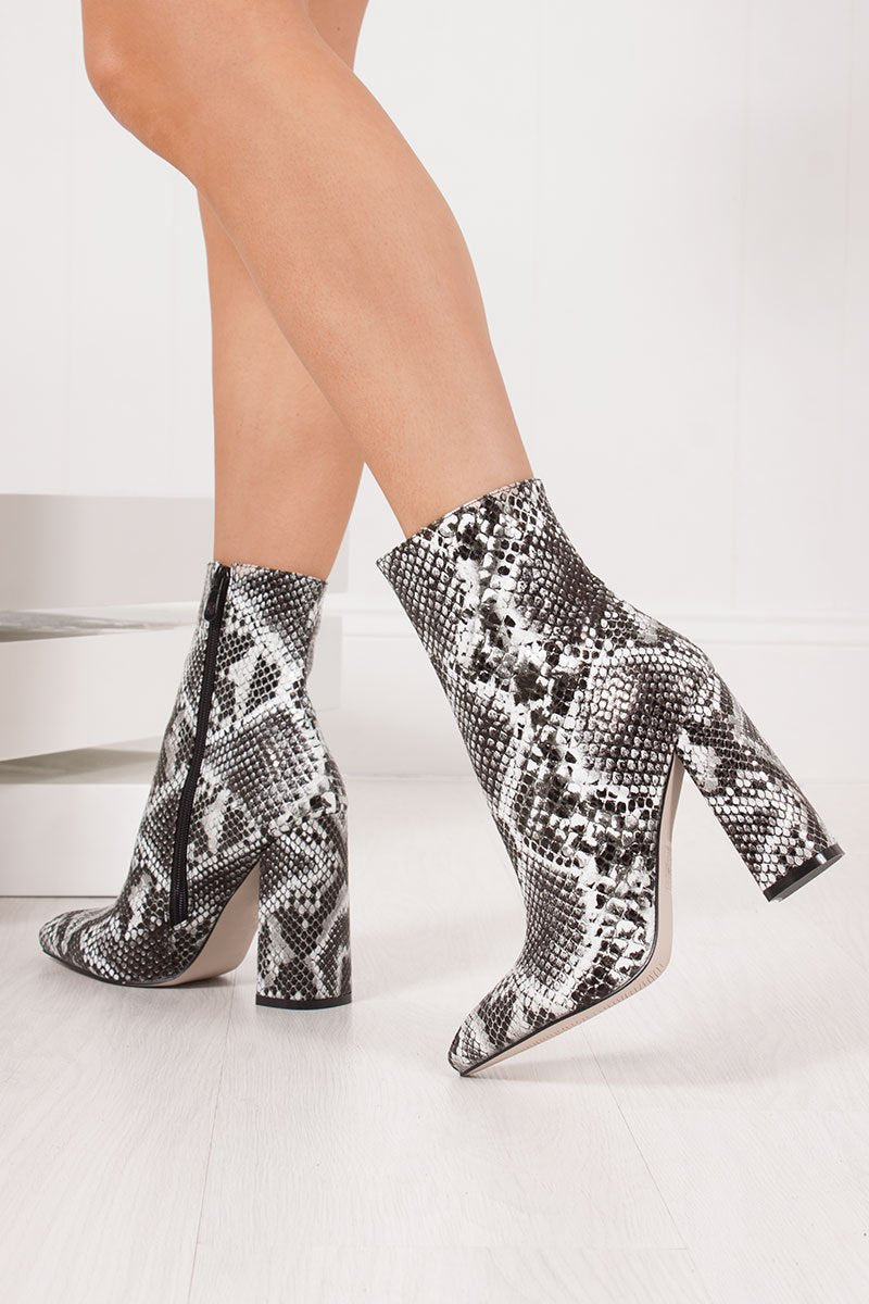 Ariel Snake Print Block Heel Boots