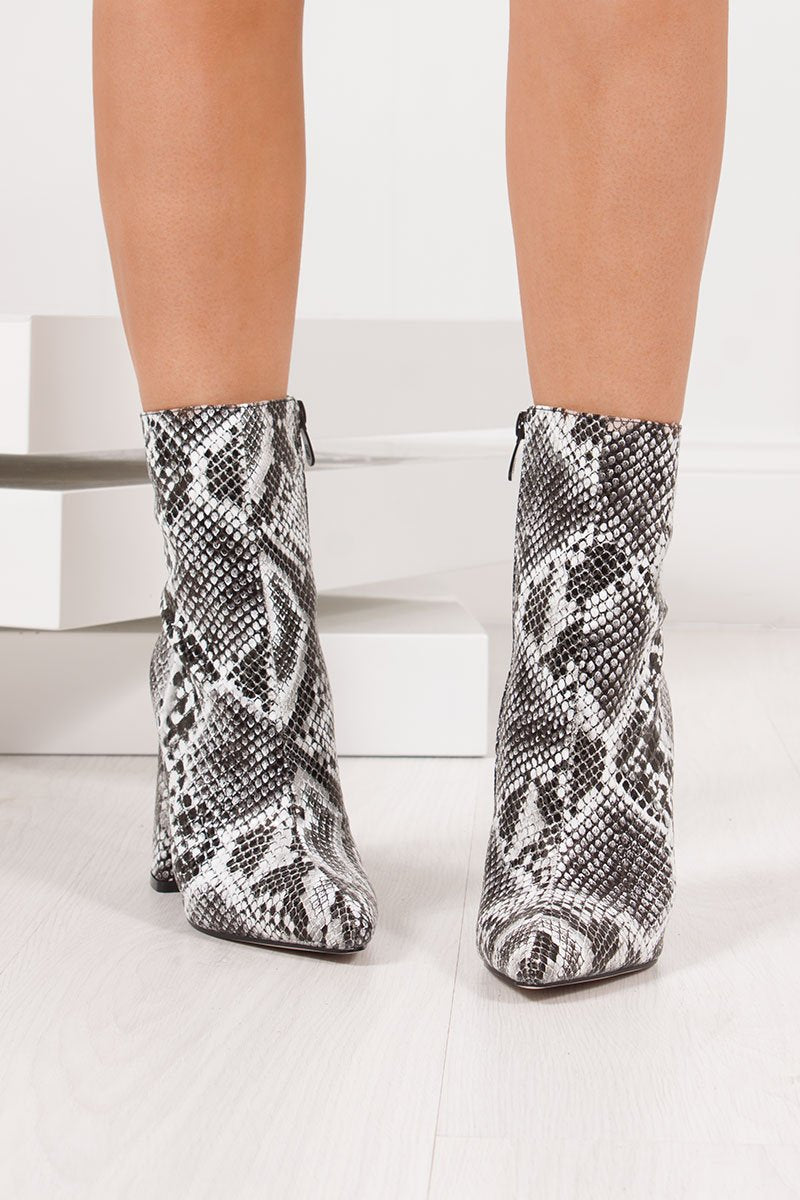 Ariel Snake Print Block Heel Boots