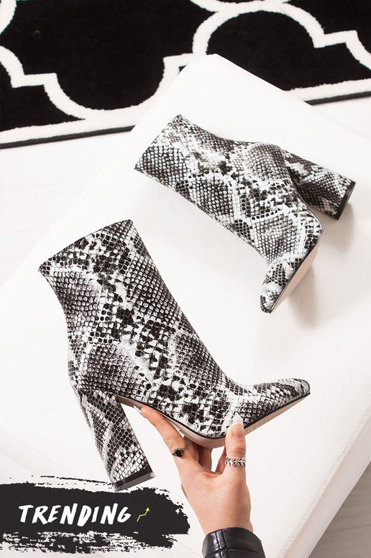 Ariel Snake Print Block Heel Boots