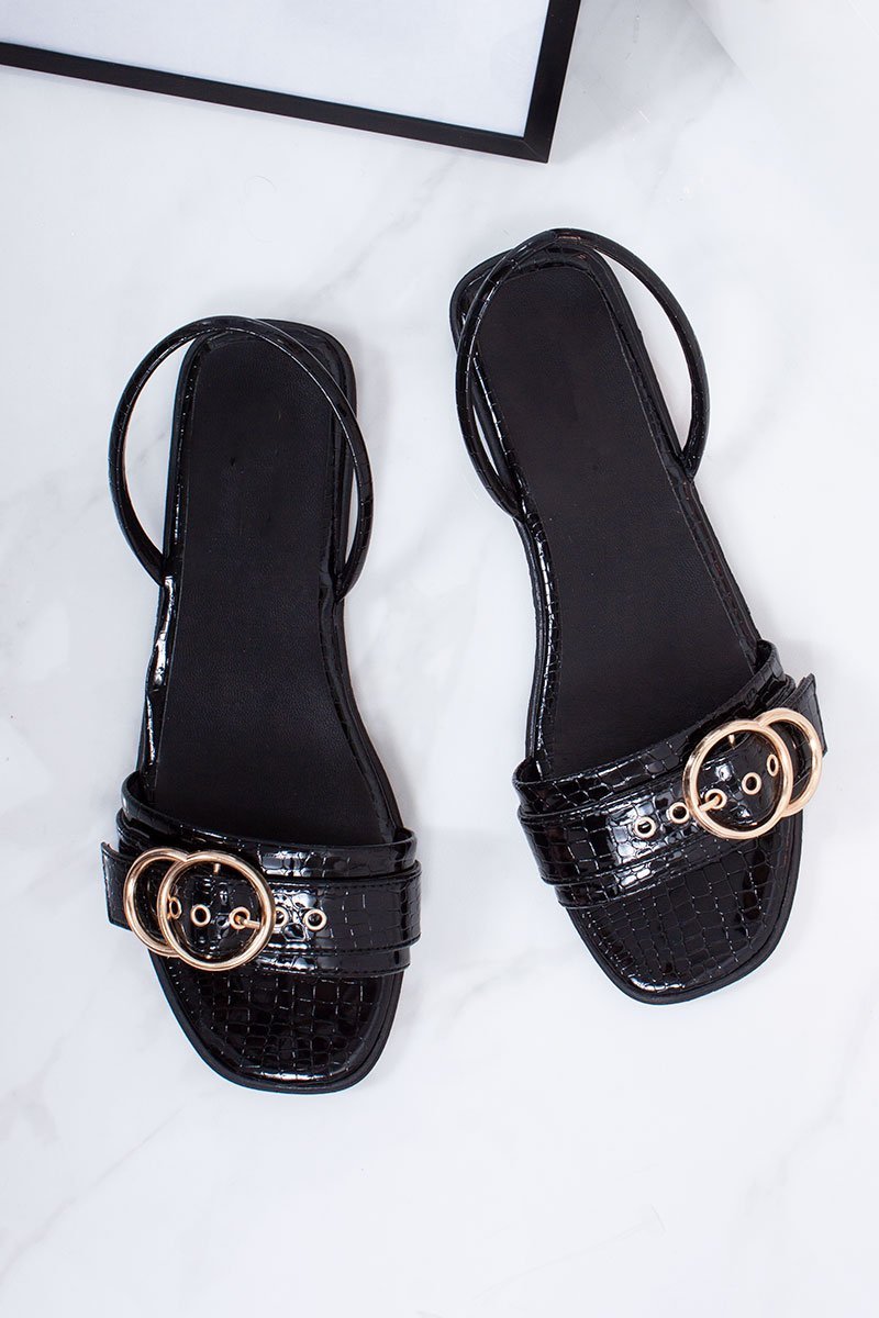 Ashlee Black Patent Croc Buckle Detail Mule Strap Sandals