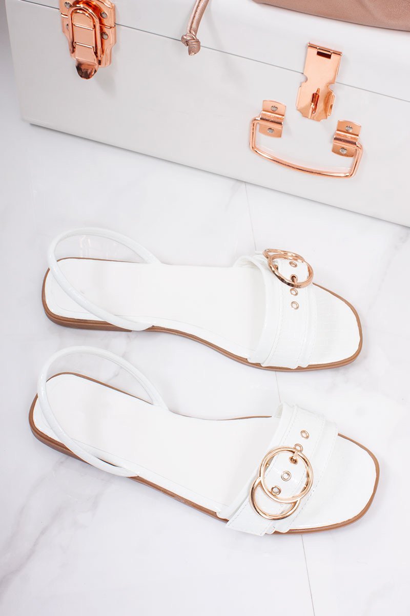 Ashlee White Patent Croc Buckle Detail Mule Strap Sandals