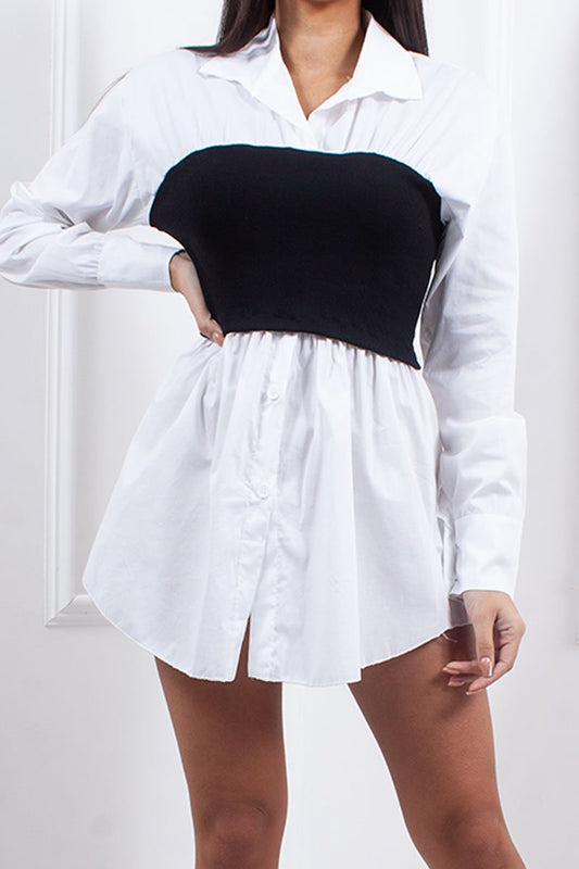 Aspen White Black Ribbed Bandeau Shirt Dress