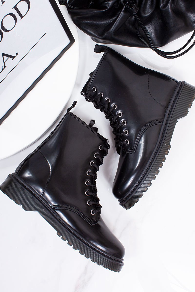 Ayla Black High Shine Chunky Sole Ankle Boots