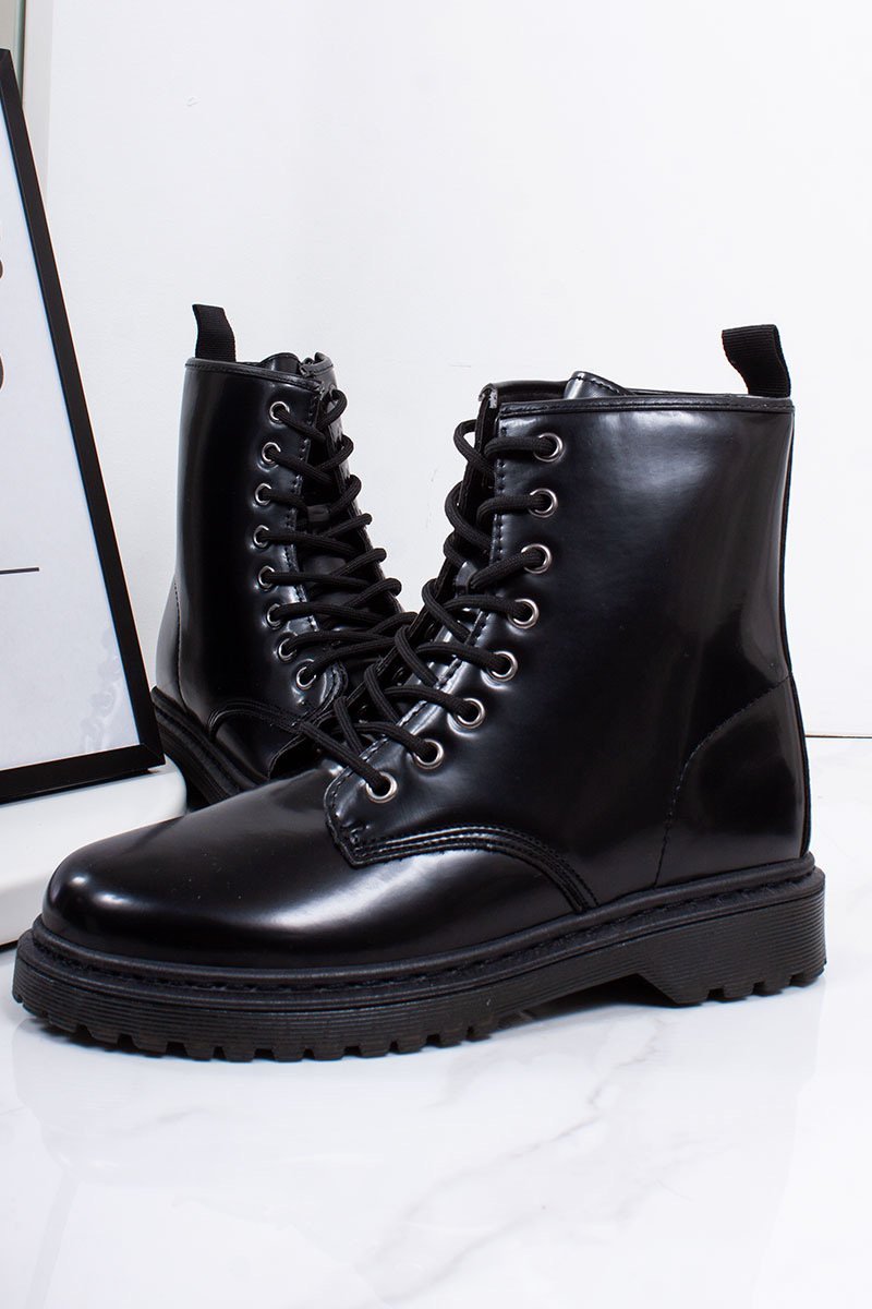 Ayla Black High Shine Chunky Sole Ankle Boots