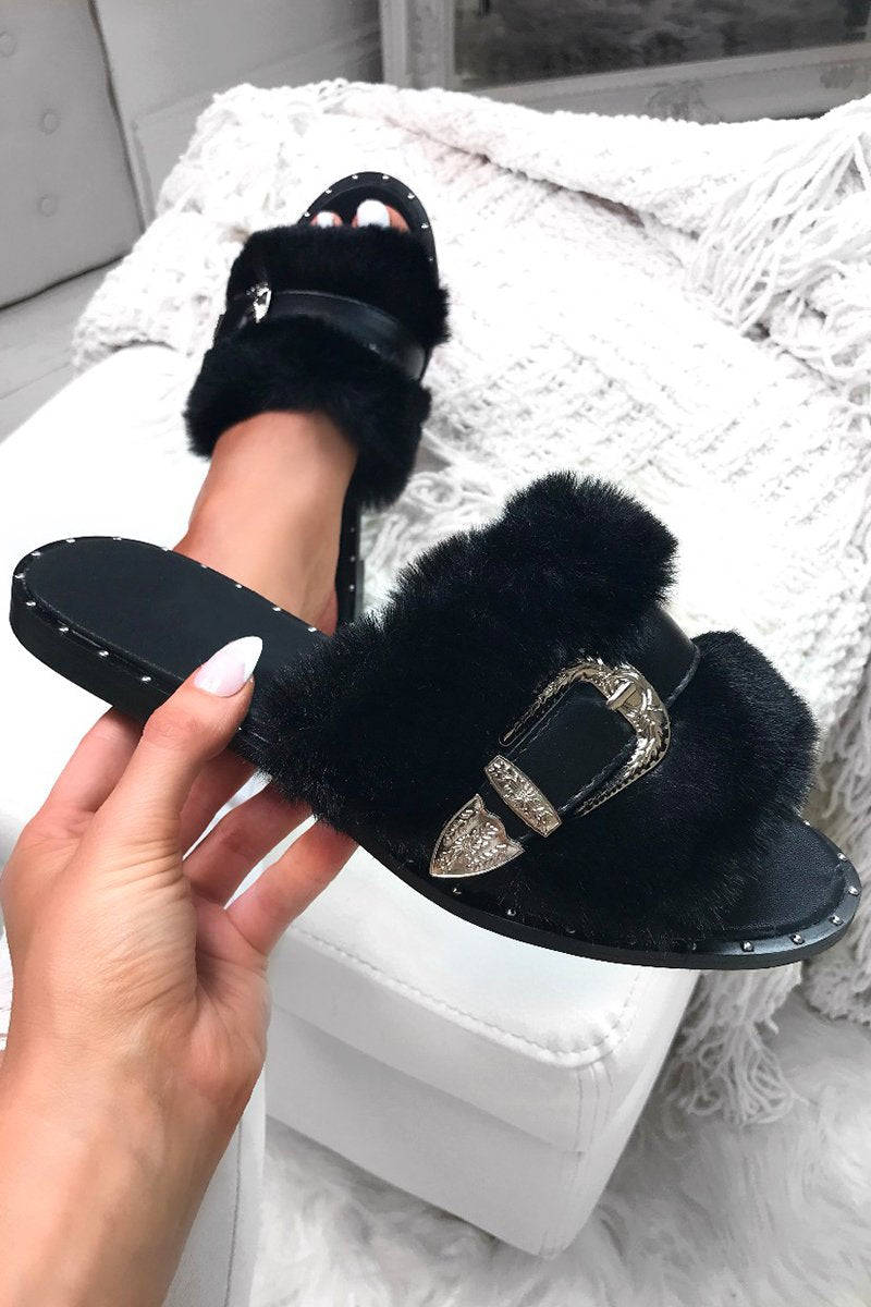 Azalea Black Fluffy Buckle Sliders