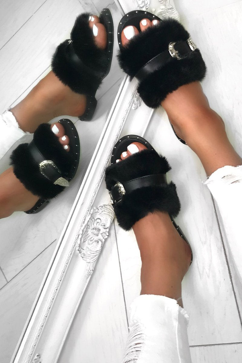 Azalea Black Fluffy Buckle Sliders