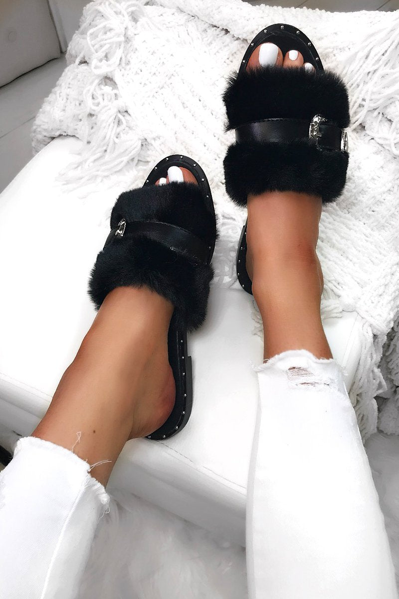 Azalea Black Fluffy Buckle Sliders