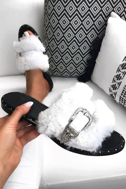 Azalea White Fluffy Buckle Sliders