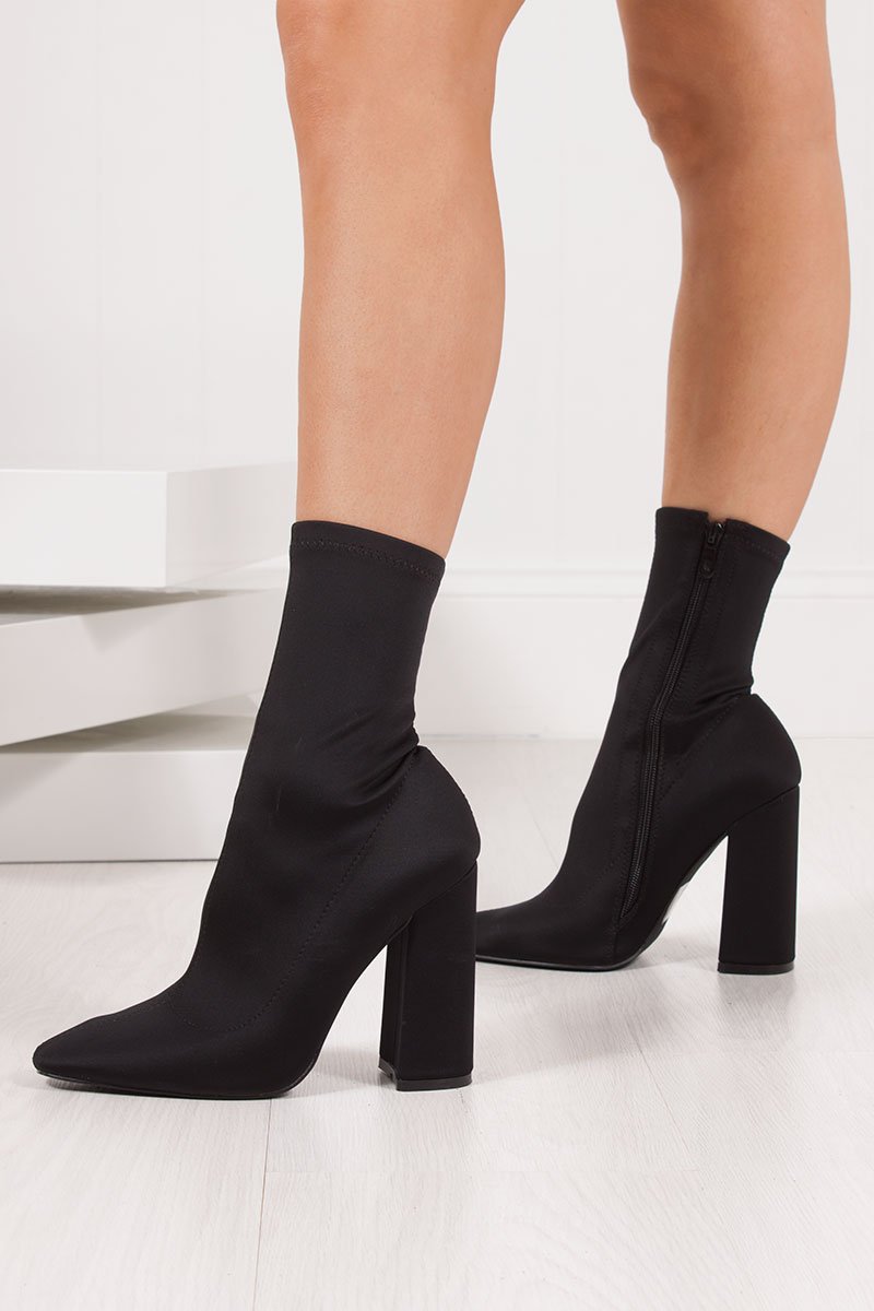 Bebe Black Lycra Block Heel Sock Boots